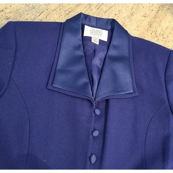 New! Valerie Steven Evening Dinner Sz 10 Petite Blue Skirt Suit Satin Lapel Wool